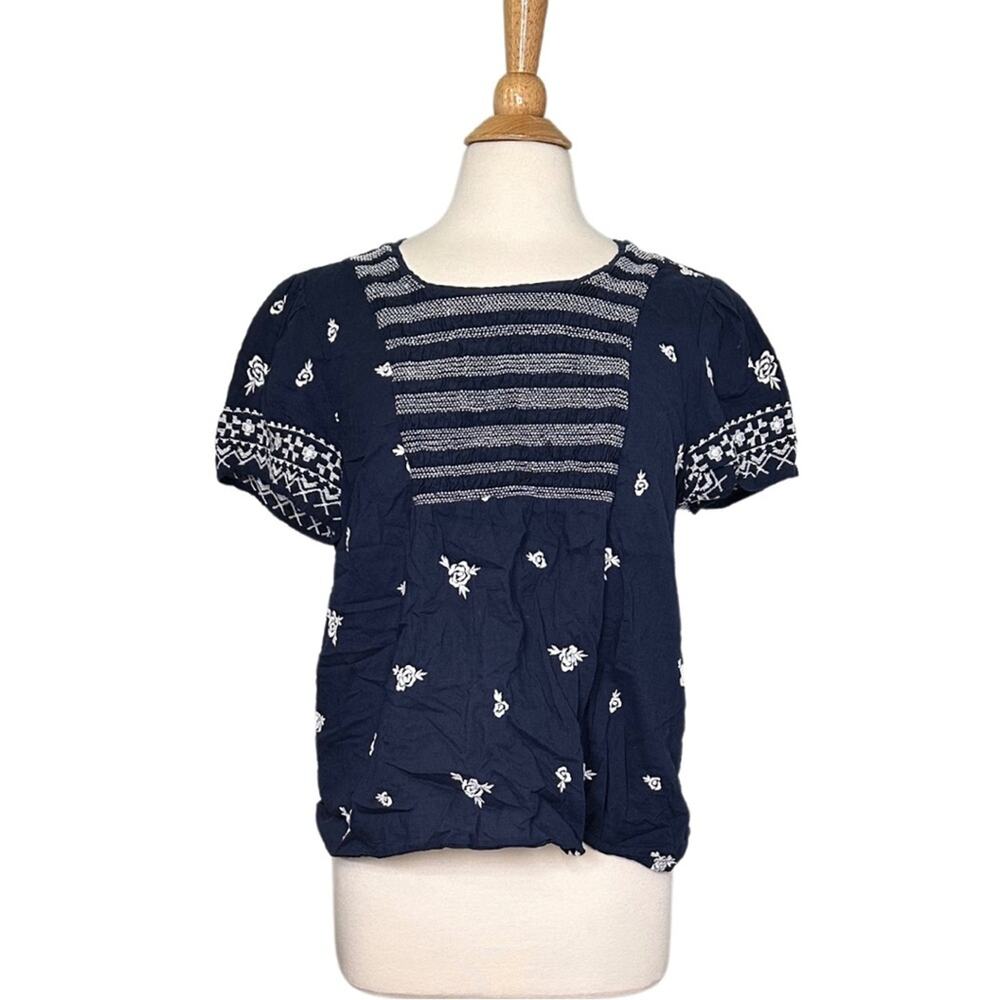 Lucky Brand Navy White Embroidered Flowy Lightweight Semi Sheer Boho 1BB16